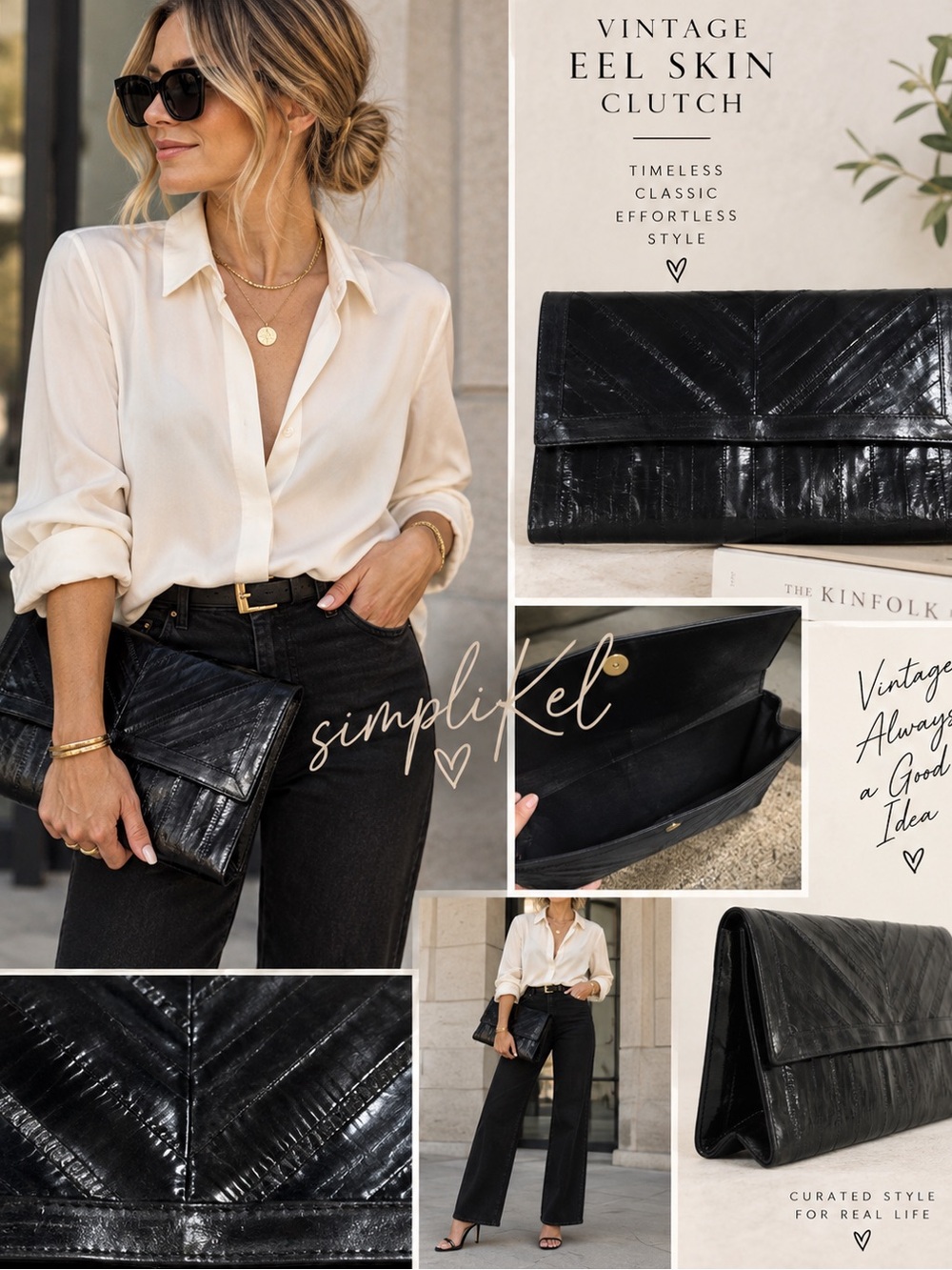 Vintage Black Eel Skin Leather Clutch Envelope Bag Glossy
